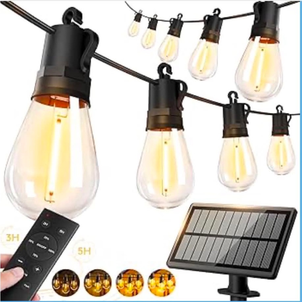 50FT Solar String Lights with Vintage Edison Bulbs - Warm Amber